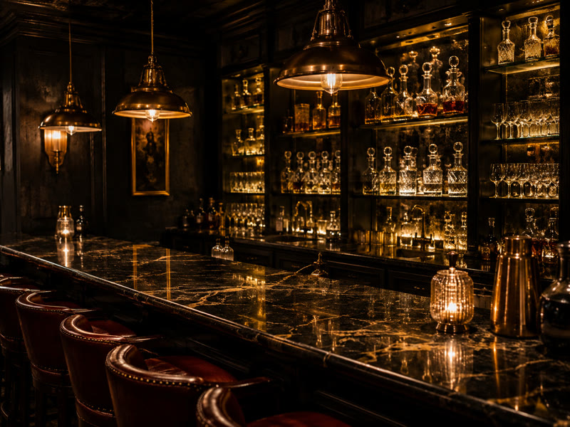 The Marble Bar with backlit bottle shelving