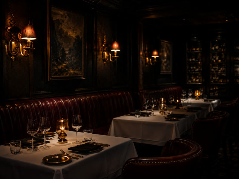 Main dining room with candlelit tables